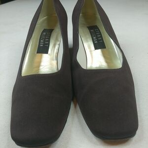 Stuart Weitzman Brown Fabric Square Toe Block 2" H